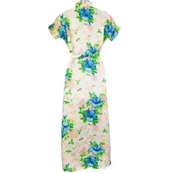 Vintage 70s Robe Womens S White Blue Floral Ruffle Tie Short Sleeve